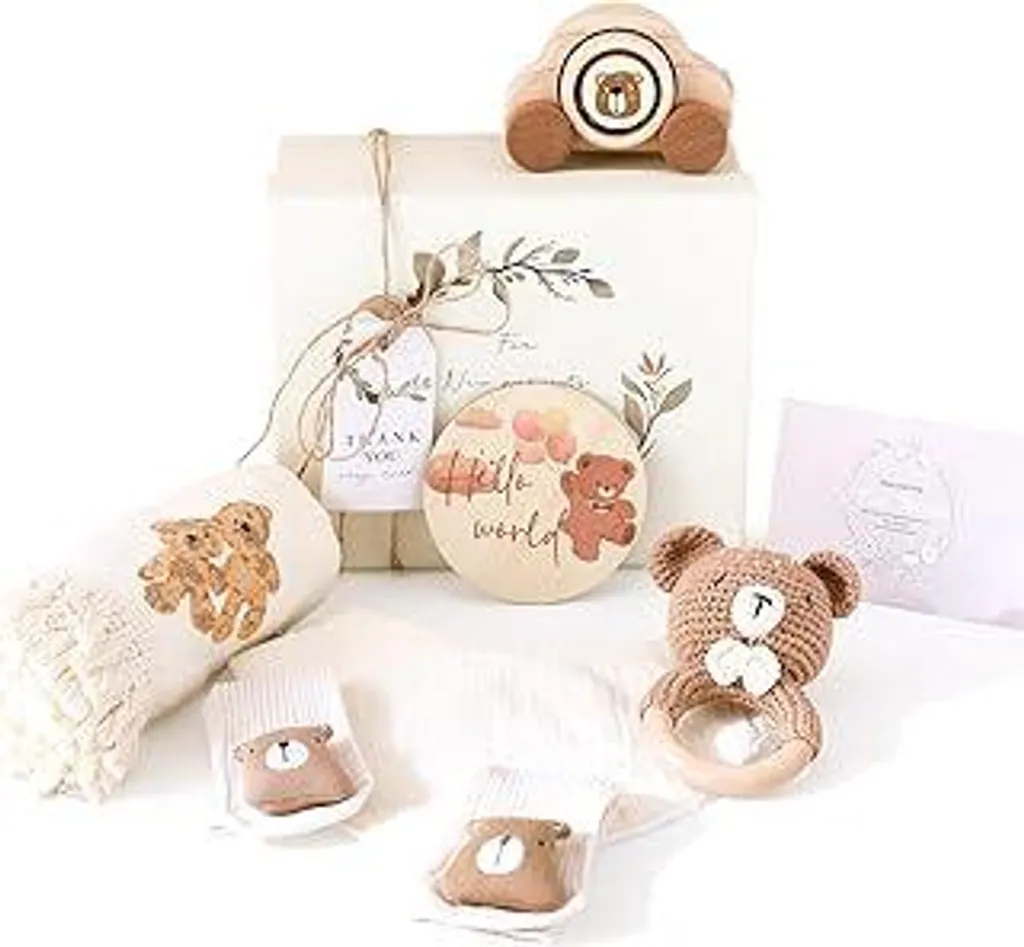 Kit Nascita Neonato Completo: Accessori Orsetto e Giochi Legno