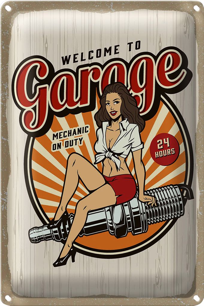 Blechschild Spruch Pinup Welcome to Garage Mechanic on 40x30cm