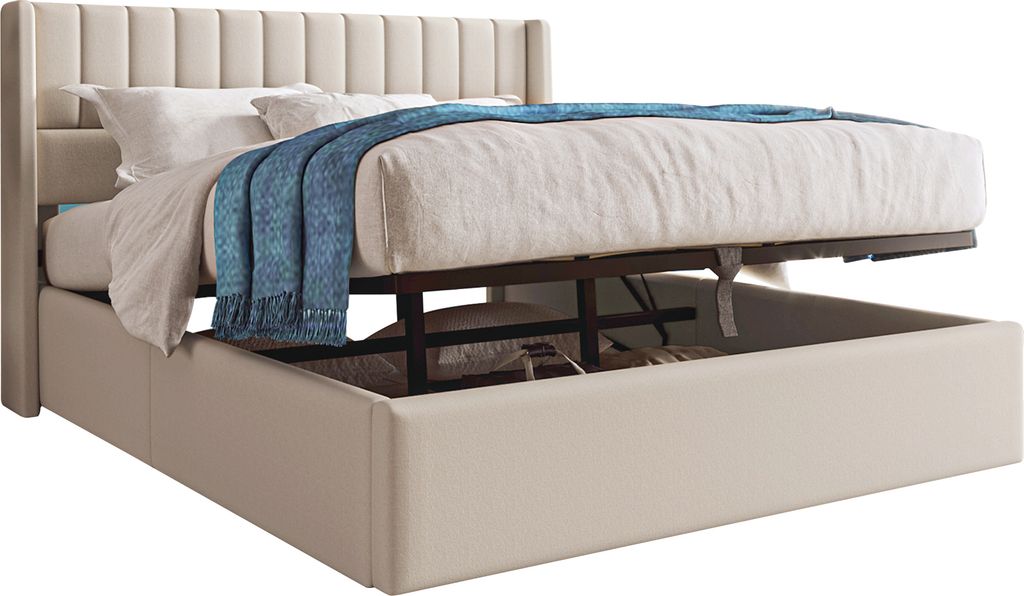 Hydraulisches Polster-Doppelbett Stauraumbett 160x200cm mit Stauraum, Holzlattenrost & Metallrahmen, Bezug aus Leinen in Beige