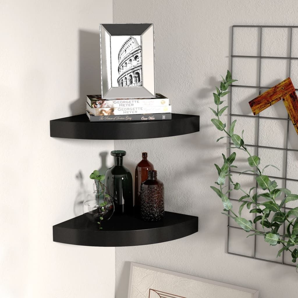 The Living Store Eck-Schweberegale 2 Stk. Schwarz 25x25x3,8 cm MDF
