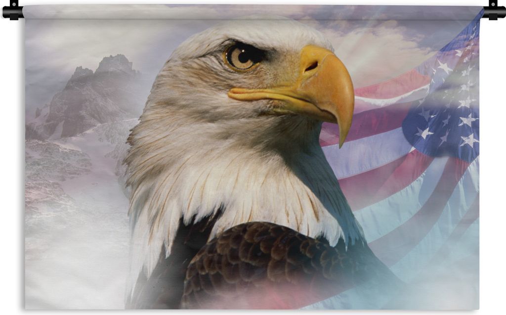MuchoWow Wandteppich Wandbehang Ein amerikanischer Weißkopfseeadler mit einer amerikanischen Flagge und Bergen 60x40 cm Tapisserie Dekoration Wa...