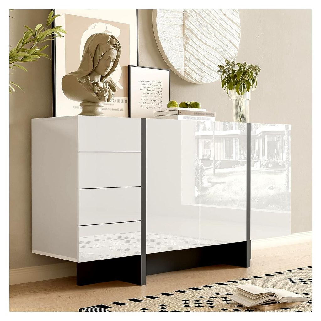 Hochglanz-Sideboard in Weiß, moderne Anrichte mit 2 Türen und 4 Schubladen, leicht zu reinigen, geeignet für Wohnzimmer oder Esszimmer