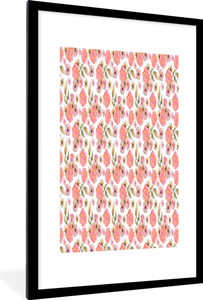 MuchoWow MuchoWow Gerahmtes Poster Blumen - Rosa - Muster - Aquarell 60x90 cm - Poster mit zchwarzem Bilderrahmen - Dekoration - Wandposter Woh...