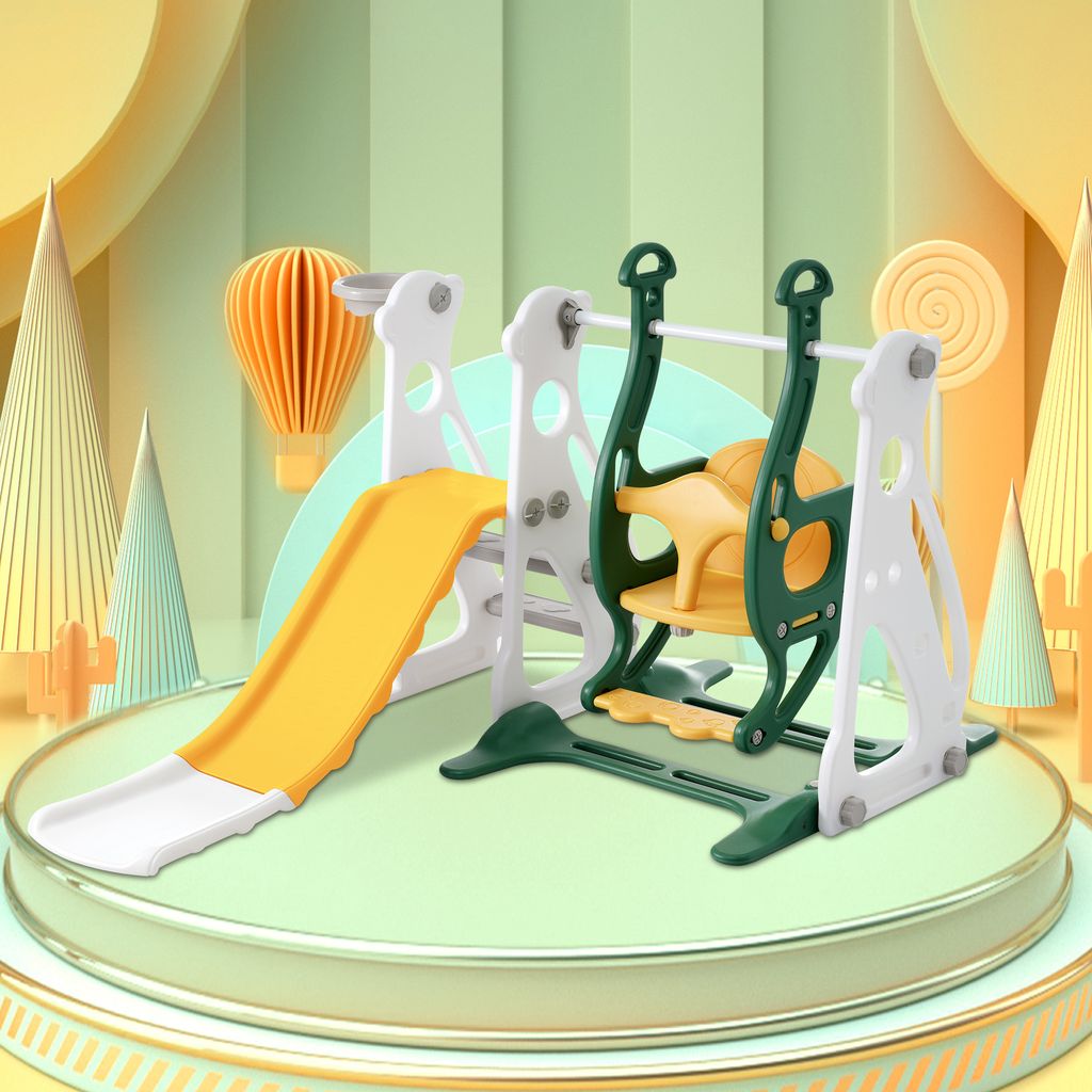 Kinder Rutsche, 4-in-1 multifunktionale Kinderrutsche mit Schaukel, Basketballkorb und Leiter, Gartenrutsche