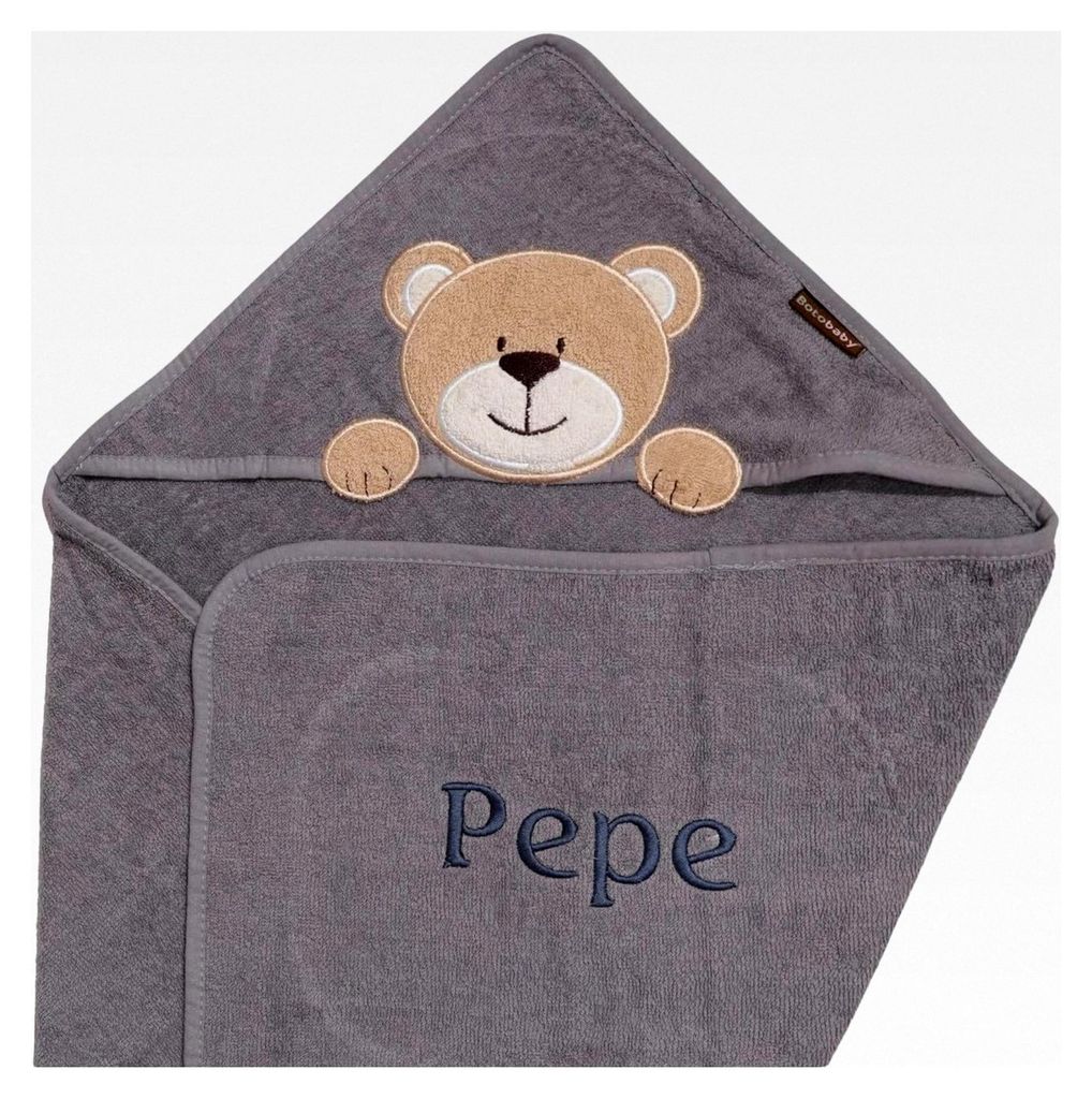 Kapuzentuch mit Namen bestickt - Handtuch mit Kapuze - 76 x 76 cm - 100 % Baumwolle - Geschenk - Grau - Teddybär