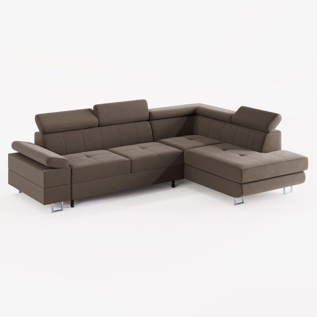 ECKSOFA CAROLINE Rechts Braun matter Veloursstoff mit Schlaffunktion und Bettkasten