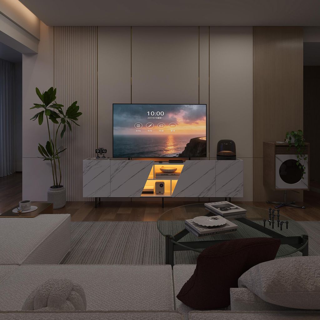 UnboxG TV-Lowboard 220 cm mit Marmoroptik, Fernsehunterschrank mit LED-Beleuchtung, Stauraum & offenen Fächern, modernes Design, 220 × 34,5 × 67...