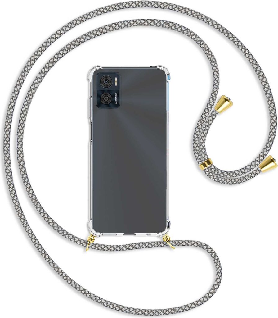Handykette Backcover-Schutzhülle mit Band (Metall goldfarben) für Motorola Moto E22, Moto E22i 4G - weiß/grau kariert