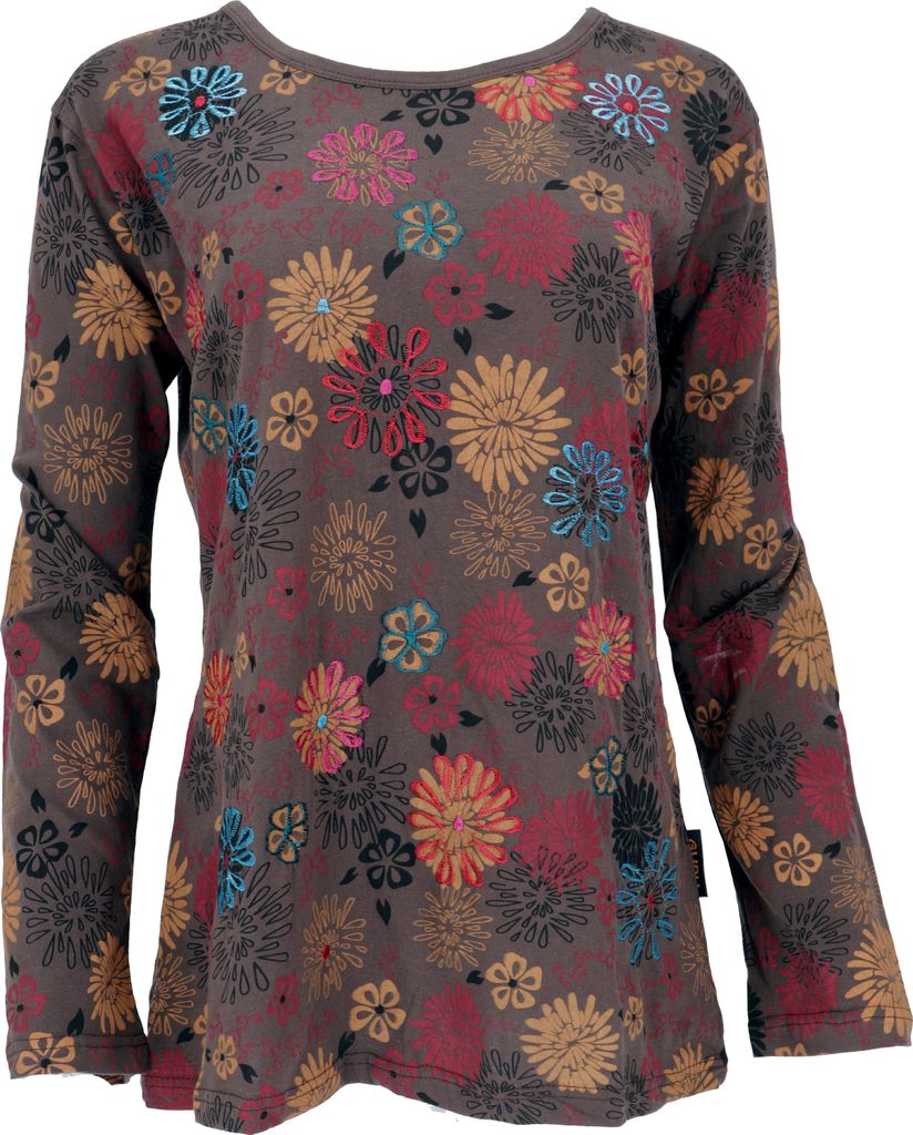 Besticktes Langarmshirt Hippie Chic Retro - Braun, Damen, Mehrfarbig, Baumwolle, Größe: S