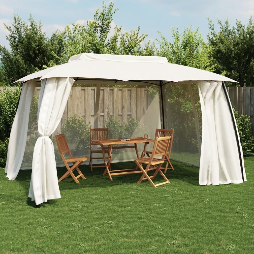 "2026 Promotion" Pavillon mit Doppeldach & Netzwänden Creme 3,93x2,93 m Stahl - Pavillons & Partyzelte CC22412