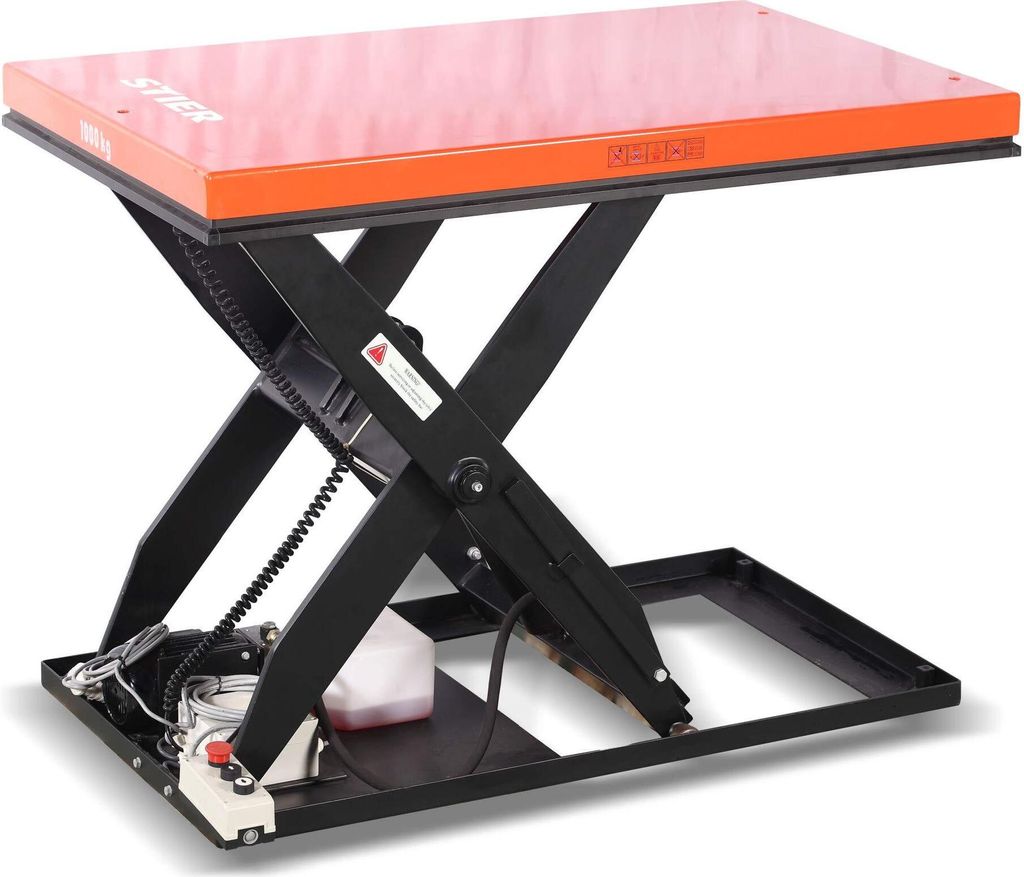 STIER Scheren-Hubtisch, 1000 kg Traglast, elektrisch, Max. Hubhöhe 1010 mm, Einfach-Schere, Plattform 1300x800 mm, wartungsfreundlich, Sicherheit ...