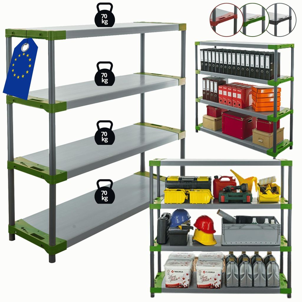 MODO24 Kunststoffregal, 4 Ablagen, 70kg/Boden, Schwerlast, Steckregal, Lagerregal, Plastikregal, Werkstatt, 138x150x46?cm, Grün, JUPITER