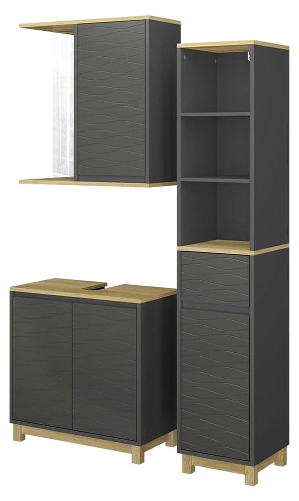 Badmöbel-Set Anthrazit/Eiche Livia, bestehend aus Spiegelschrank, Waschbeckenunterschrank und Hochschrank - Viel Stauraum oben und unten