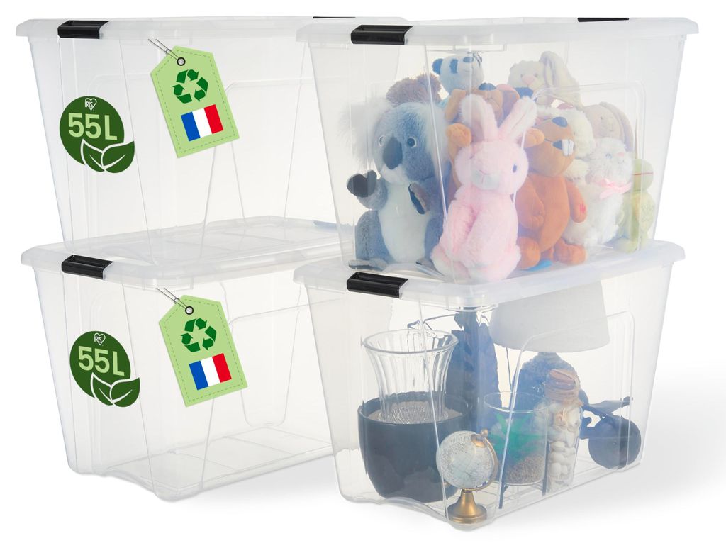 Aufbewahrungsboxen mit Deckel, 55 Liter, 4er-Set, transparent, sicherer Verschluss, stapelbar, mit Griffen, für Schlafzimmer, Kleiderschrank, Bür...