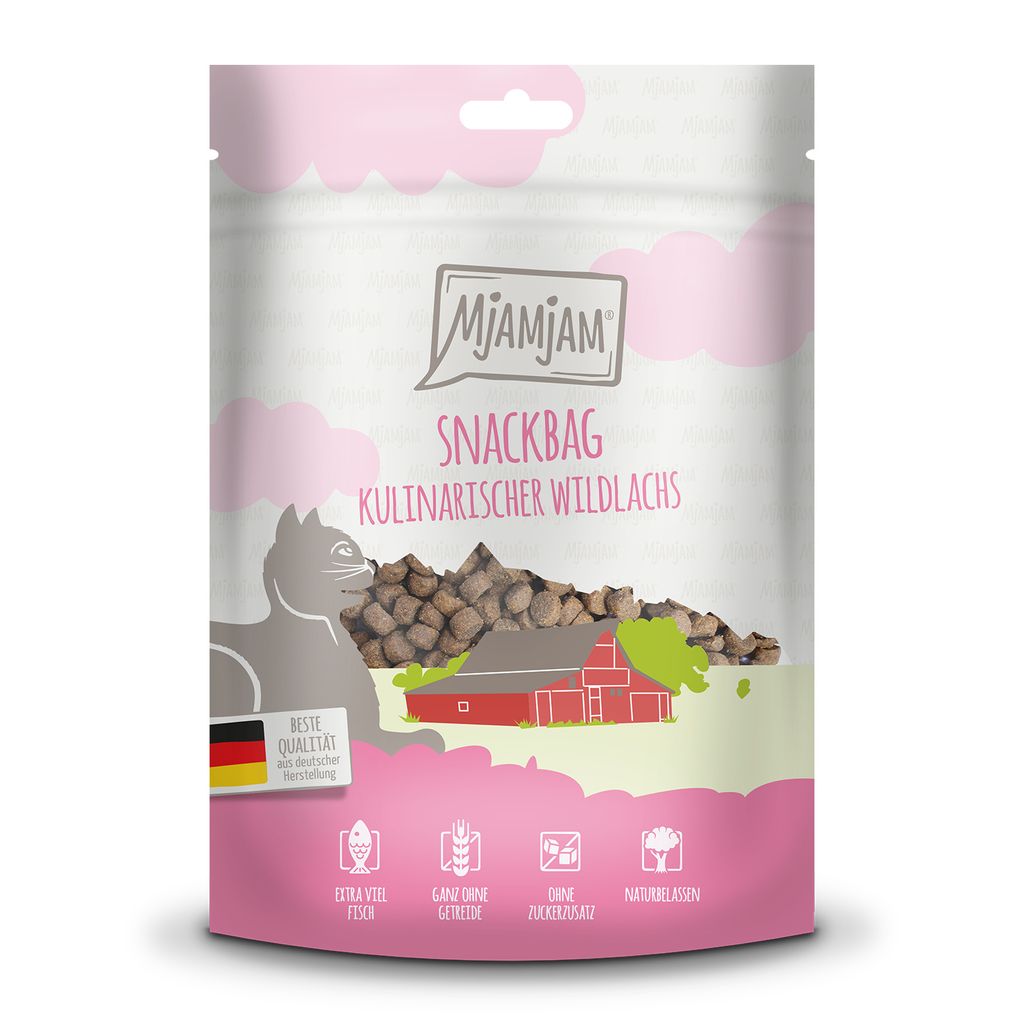 A product shot of a bag of cat treats with a cartoon cat and barn illustration.
