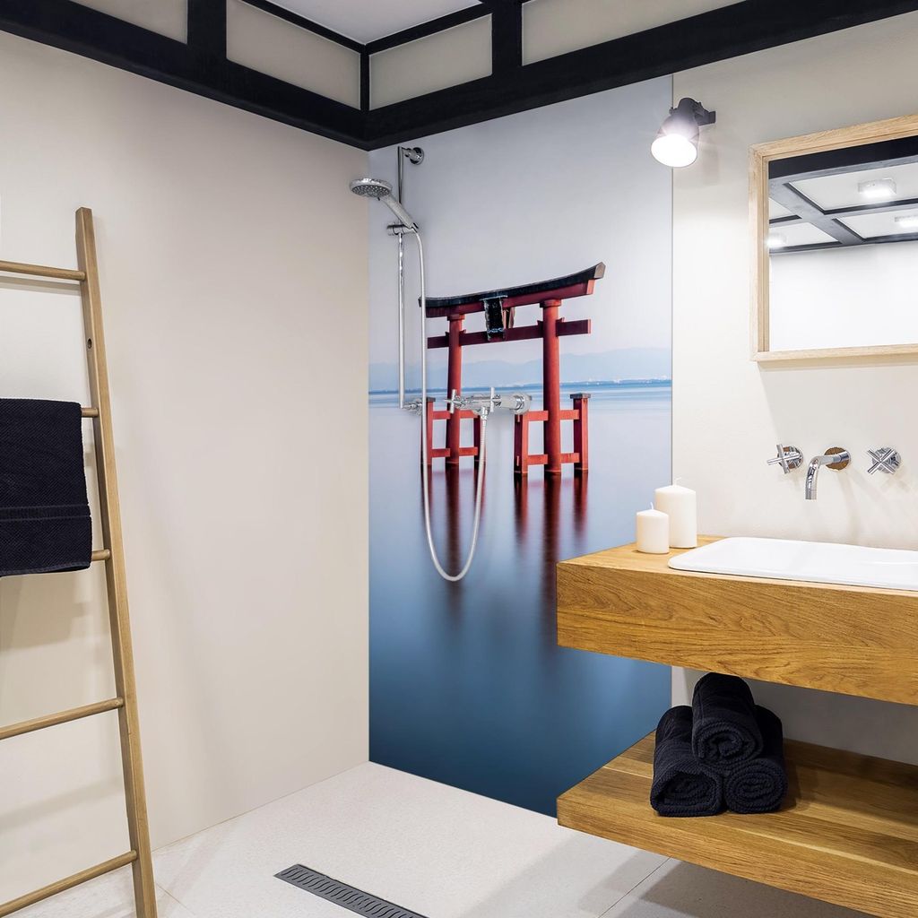 Duschrückwand Stadt selbstklebend - 0.35 mm Wandpaneel wasserfest Asien blau Motiv Badrückwand fugenlos Smart matt 100x190 cm