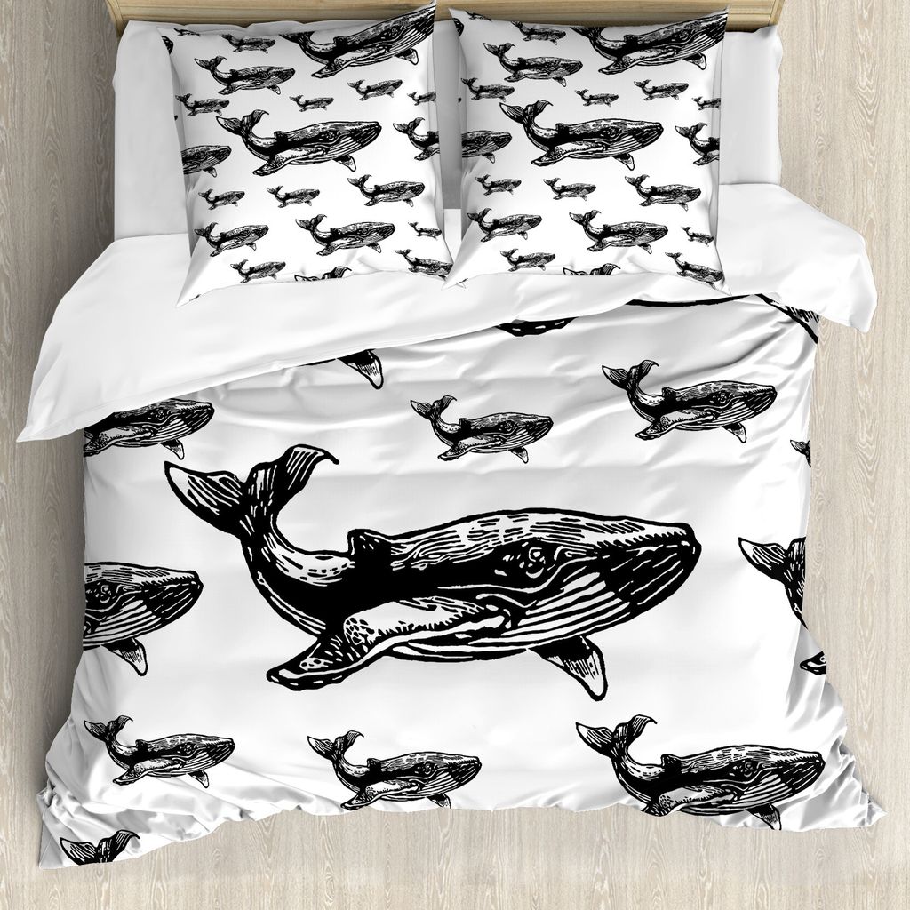 ABAKUHAUS Wal Bettbezug, Hand gezeichnet Big Wale, Milbensicher Allergiker geeignet mit Kissenbezügen, 155 cm x 220 cm - 80 x 80 cm, Schwarz und w...
