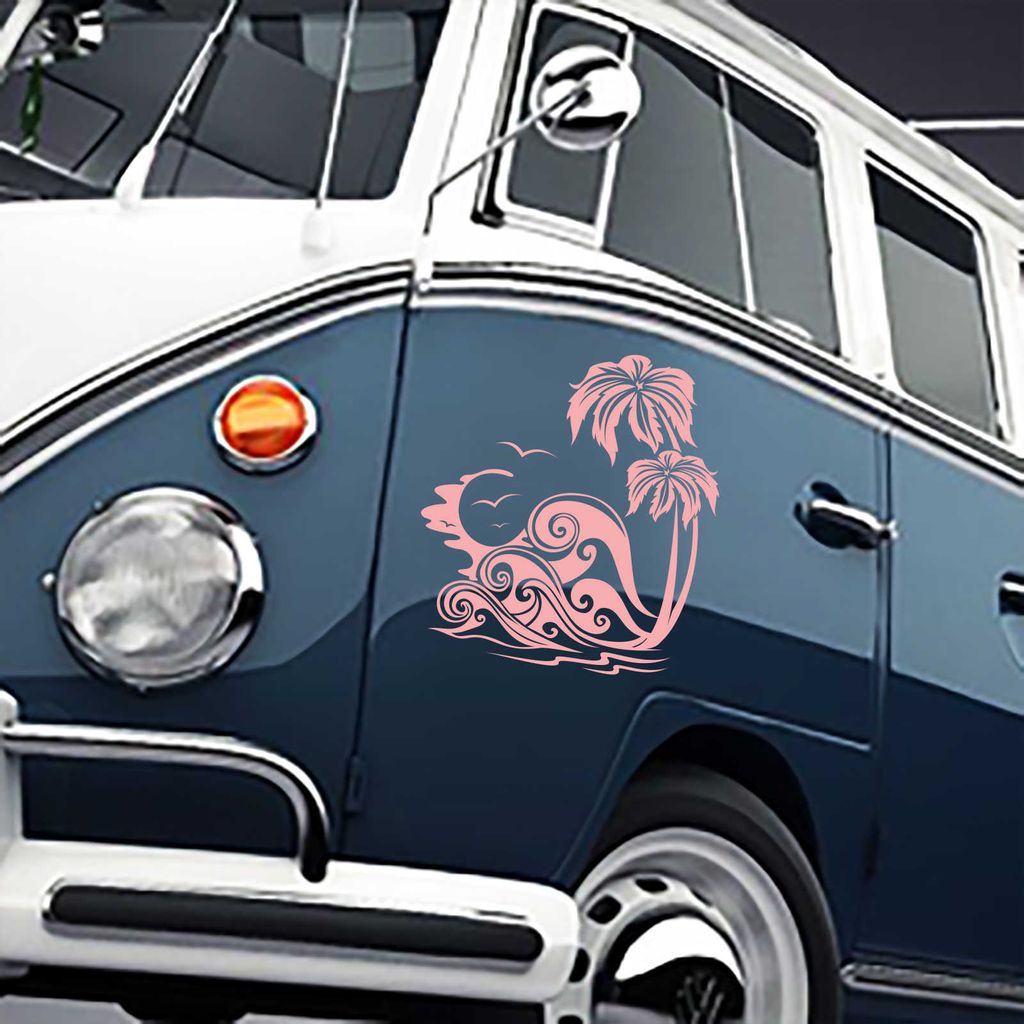 Aufkleber - Autoaufkleber "Palmenstrand" 60cm x 55cm hellrosa - Tuning Carystyling Heckscheibe Auto