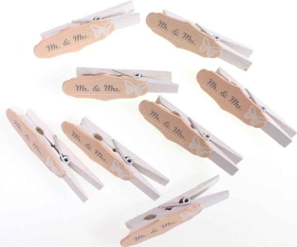 8 Zwicker 7cm Wäscheklammer Holz Deko Klammmer Tischkartenhalter Hochzeit Spruch, Ausf:creme-Mr. & Mrs.