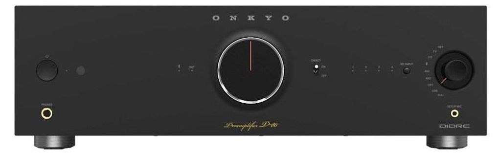 Front view of a black Onkyo P-80 network pre-amplifier.