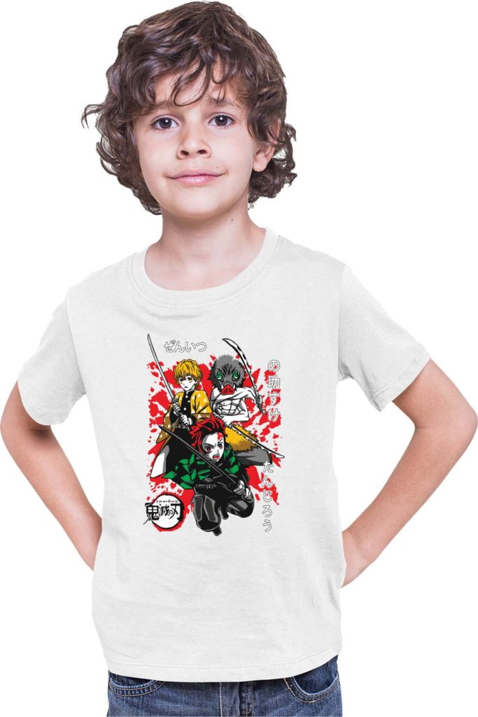 Kinder T-Shirt Demon Anime Slayer Kimetsu No Yaiba Tanjiro Zenitsu Inosuke 002, 12-13 Jahr - 152 / Weiß