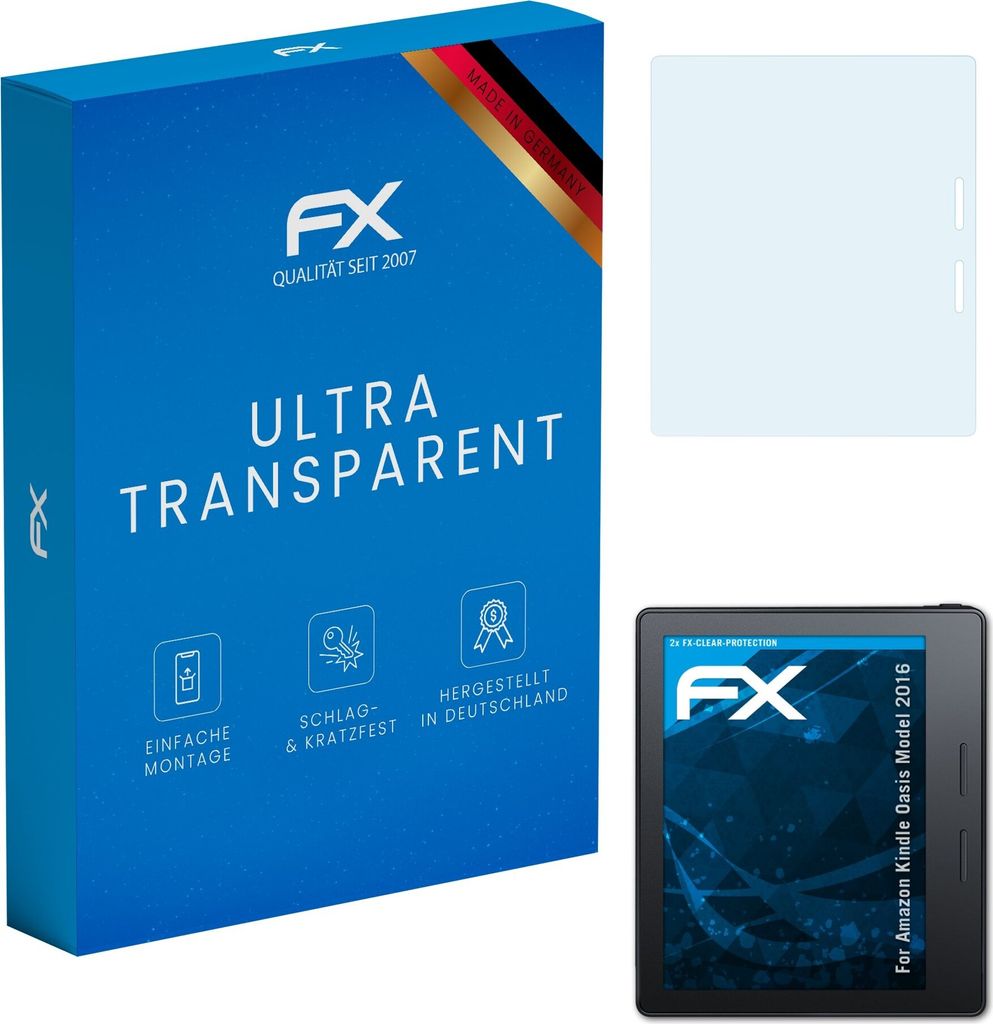 atFoliX FX-Clear 2x Schutzfolie kompatibel mit Amazon Kindle Oasis (Model 2016) Displayschutzfolie