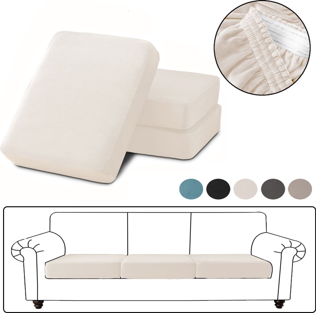 3 Stück Sofa Überzug Samt für 1-Sitzer, Sofa Bezug mit Gummiband, Sitzkissen Bezug Elastisch Universal, Sofadecken für Sitzfläche Beige