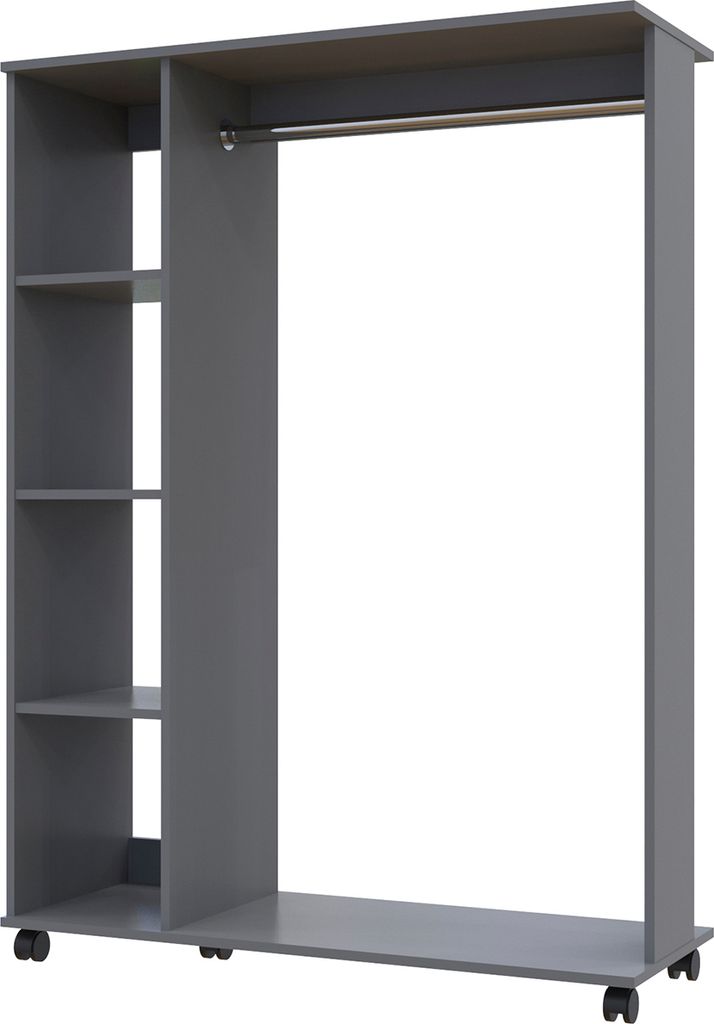 A grey wardrobe organizer with shelves and a hanging rod, shown against a white background.