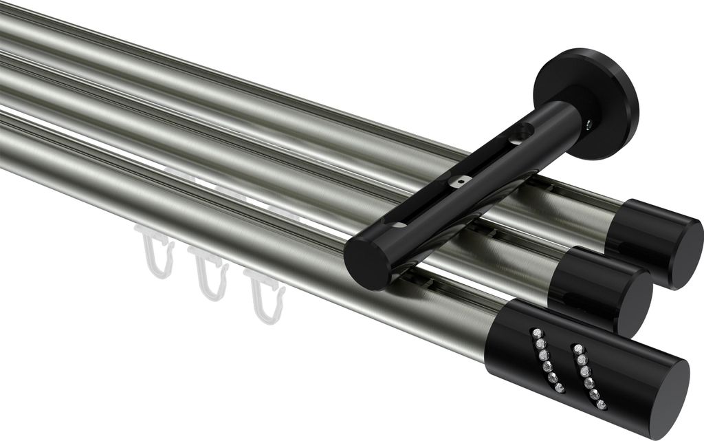 Interdeco Innenlaufstange / Gardinenstange mit Innenlauf Edelstahl-Optik / Schwarz, Typ Siteno Zoena (Glitzerzylinder), 20 mm Ø 3-läufig, 400 cm