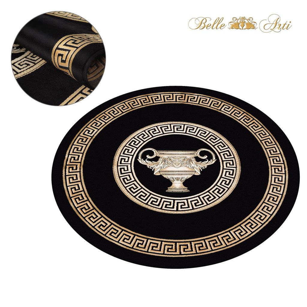 Luxus Runder Teppich Wohnzimmer mit Amphore Motiv in Schwarz-Gold - 100% Viskose – 152 cm Ø