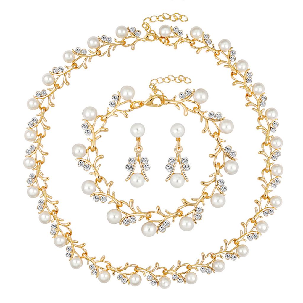 Frauen Braut Faux Perle Strass Halskette Ohrstecker Armband Schmuck-Set-Silber