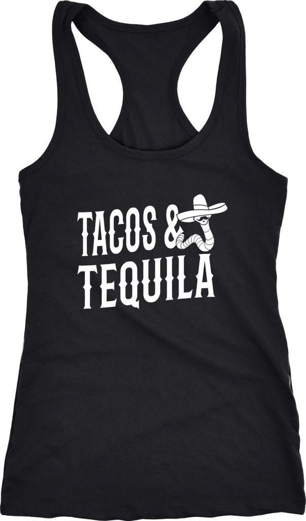 Damen Tanktop Tacos & Tequila Wurm Sombrero Tequilla Mexikanisch Racerback Moonworks schwarz XL