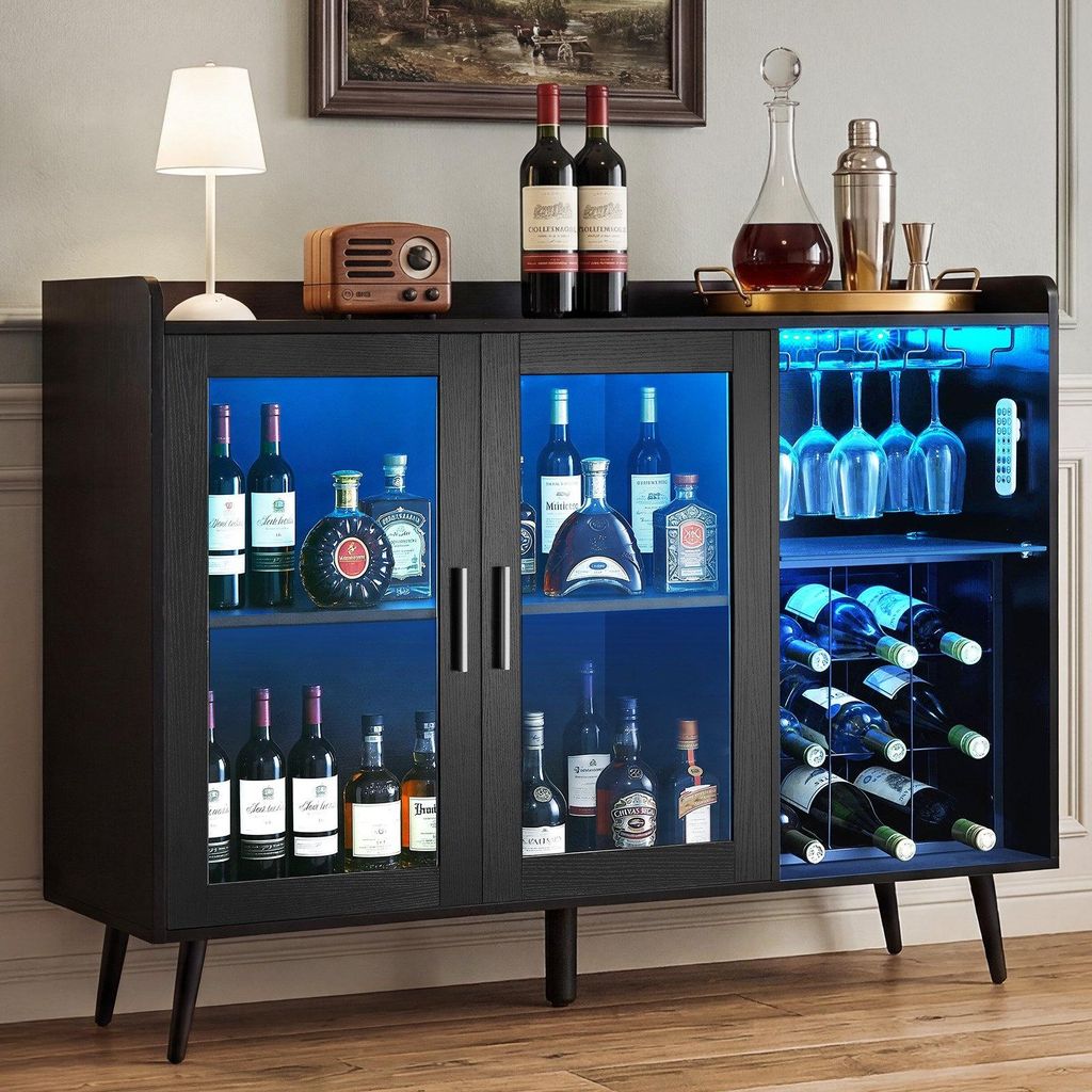 Weinschrank - Buffet Sideboard Barschrank - Mit dimmbarer LED-Beleuchtung - Flaschenregal für 9 Flaschen - Gläserhalter - Modernes Stauraum Möbe...