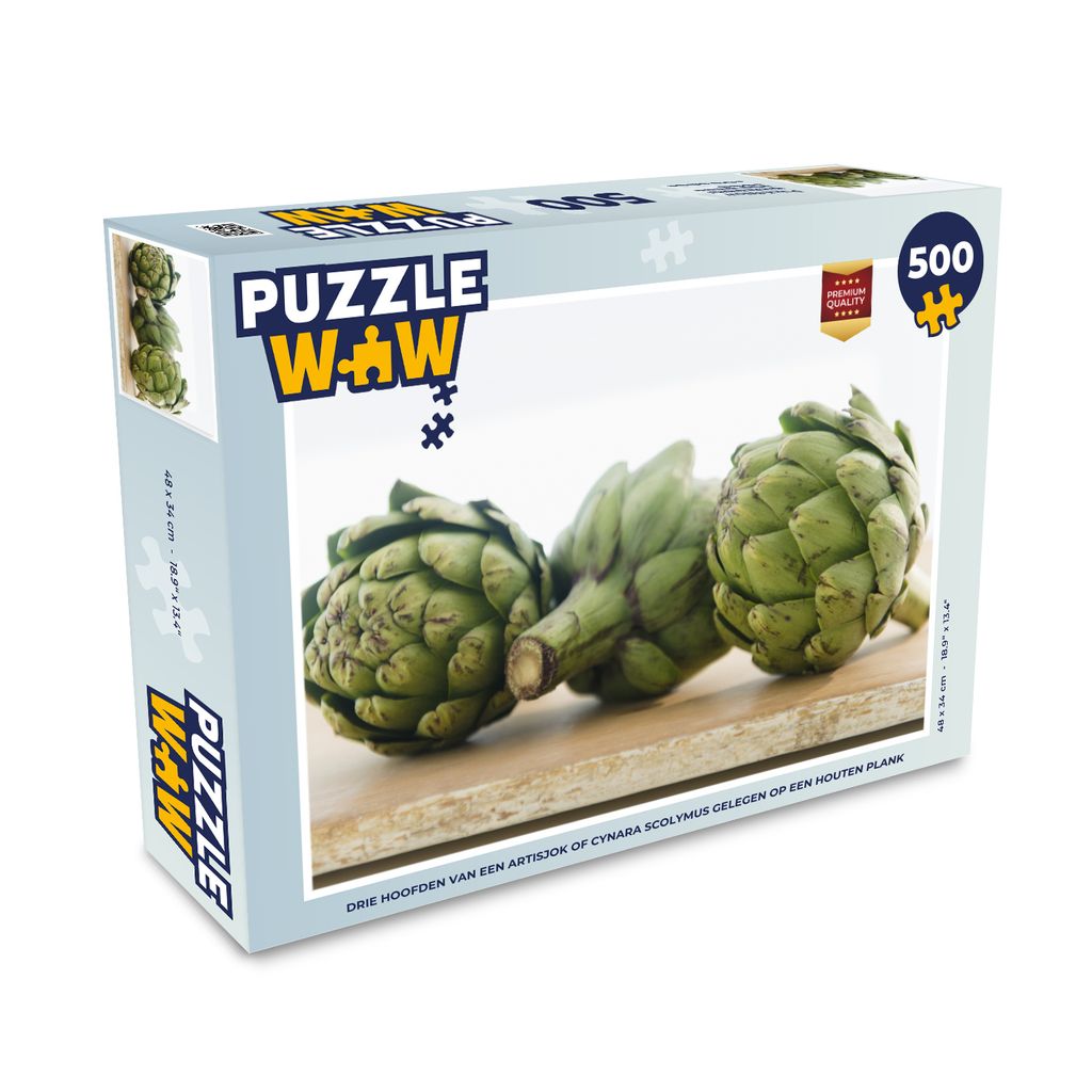MuchoWow Puzzle 500 Teile Drei Köpfe einer Artischocke (Cynara scolymus) auf einem Holzbrett liegend - 500 Teile - Kinder - Selberbauen - Puzzle...