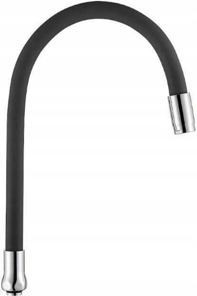 A black flexible spout for a sink faucet with silver fittings at the top and bottom.