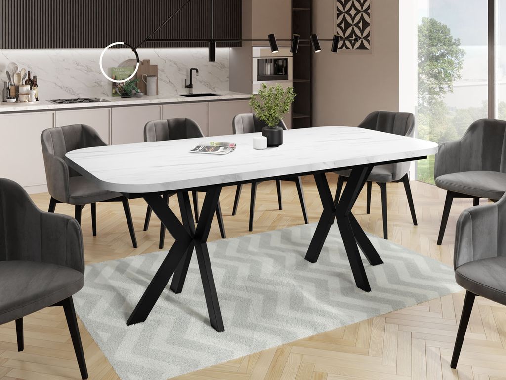Ausziehbarer Esstisch im Modern-Stil - Rechteckiger Tisch in Weißer Marmoroptik mit Schwarzen Metallbeinen - Industrietisch mit Abgerundeten Ecken...