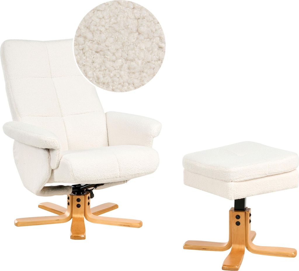 BELIANI Relaxsessel mit Fußhocker Cremeweiß Bouclé Drehbar Manuell Verstellbare Rückenlehne Liegefunktion Modern Fernsehsessel für Büro Arbei...
