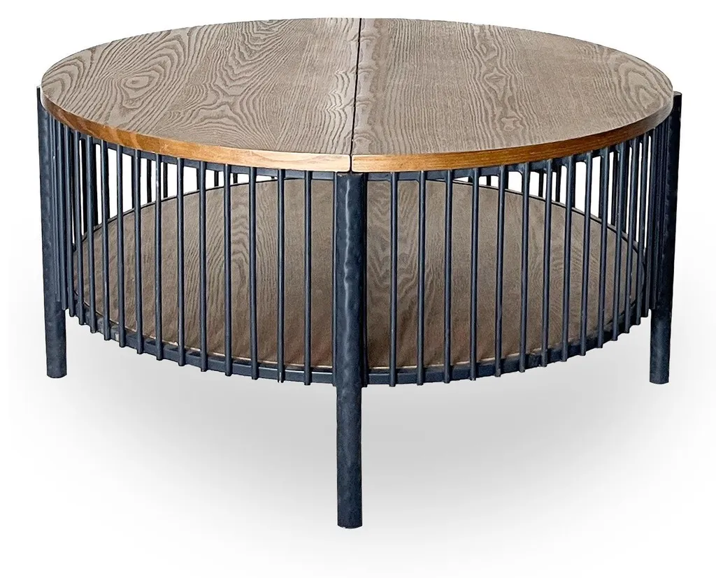 Table basse ronde 84cm Menzzo Curcuma en bois et métal martelé noir