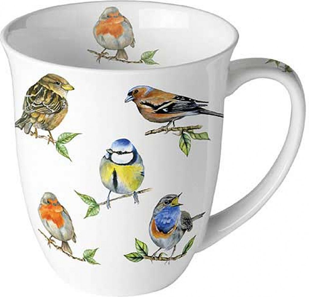 Tasse 10cm Porzellan mit Singvögel Motiv Bunt / Weiß Produktbild 