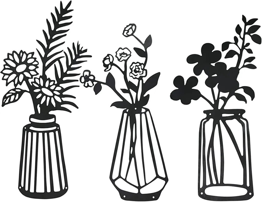 Sculpture Murale Florale 3 Pièces en Métal Noir pour Salon et Balcon
