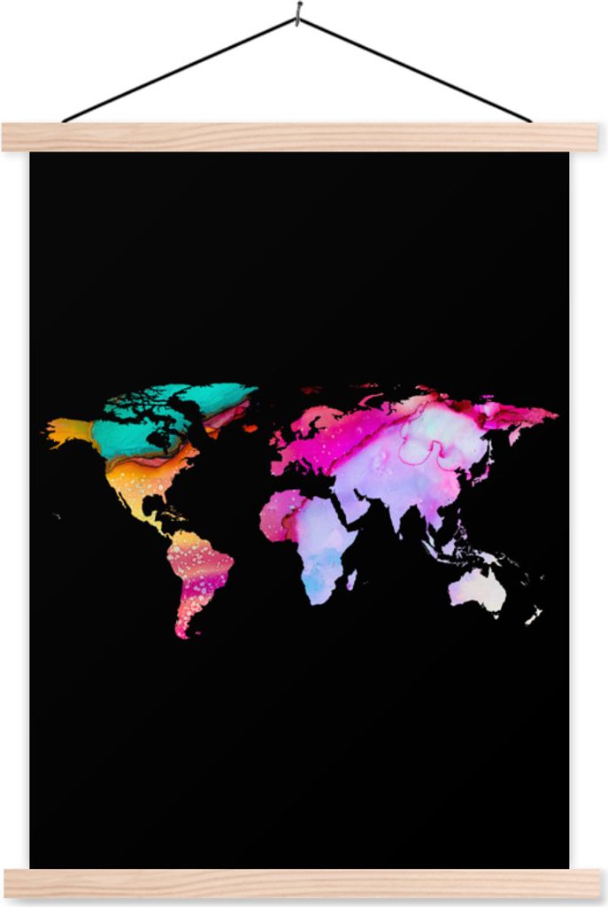 MuchoWow Textilposter Weltkarte - Regenbogen - Aquarell 120x160 cm mit holzfarbenen Rahmen - Plakatkarton