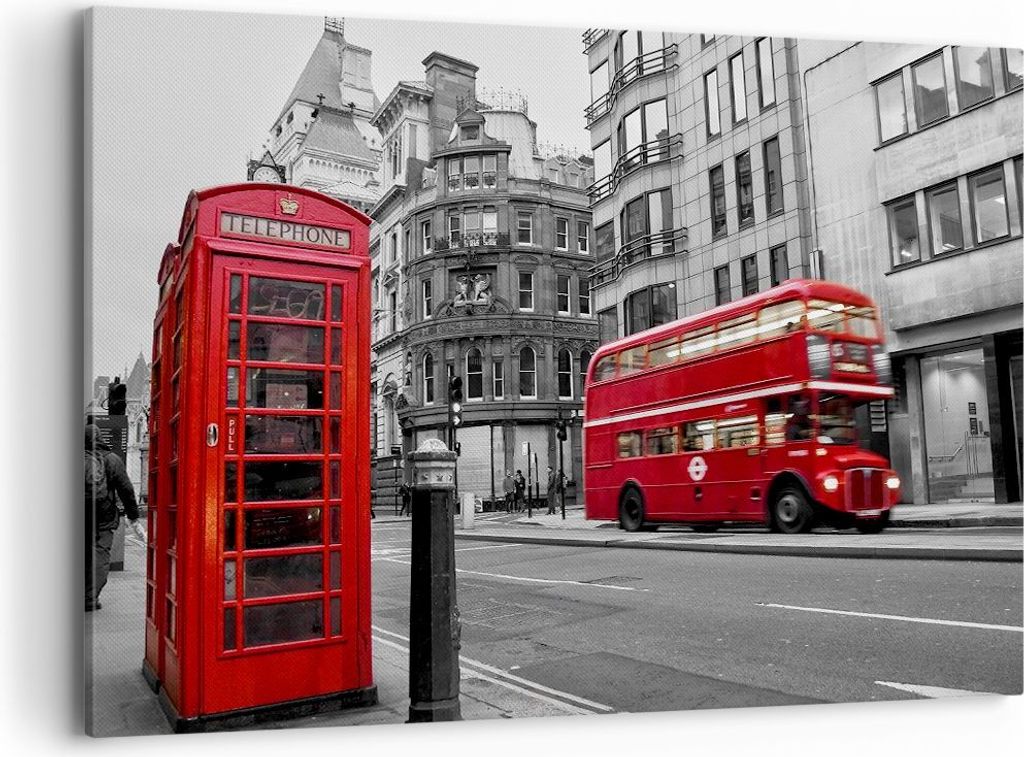Bild auf Leinwand - Leinwandbild - Bus Telefon Straße - 120x80cm - Wand Bild - Wanddeko - Leinwanddruck - Bilder - Kunstdruck - Wanddekoration - L...
