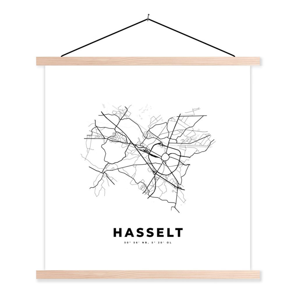 MuchoWow Textilposter Stadtplan - Schwarz und weiß - Karte - Hasselt - Belgien - Karte 120x120 cm mit holzfarbenen Rahmen - Textil-Poster
