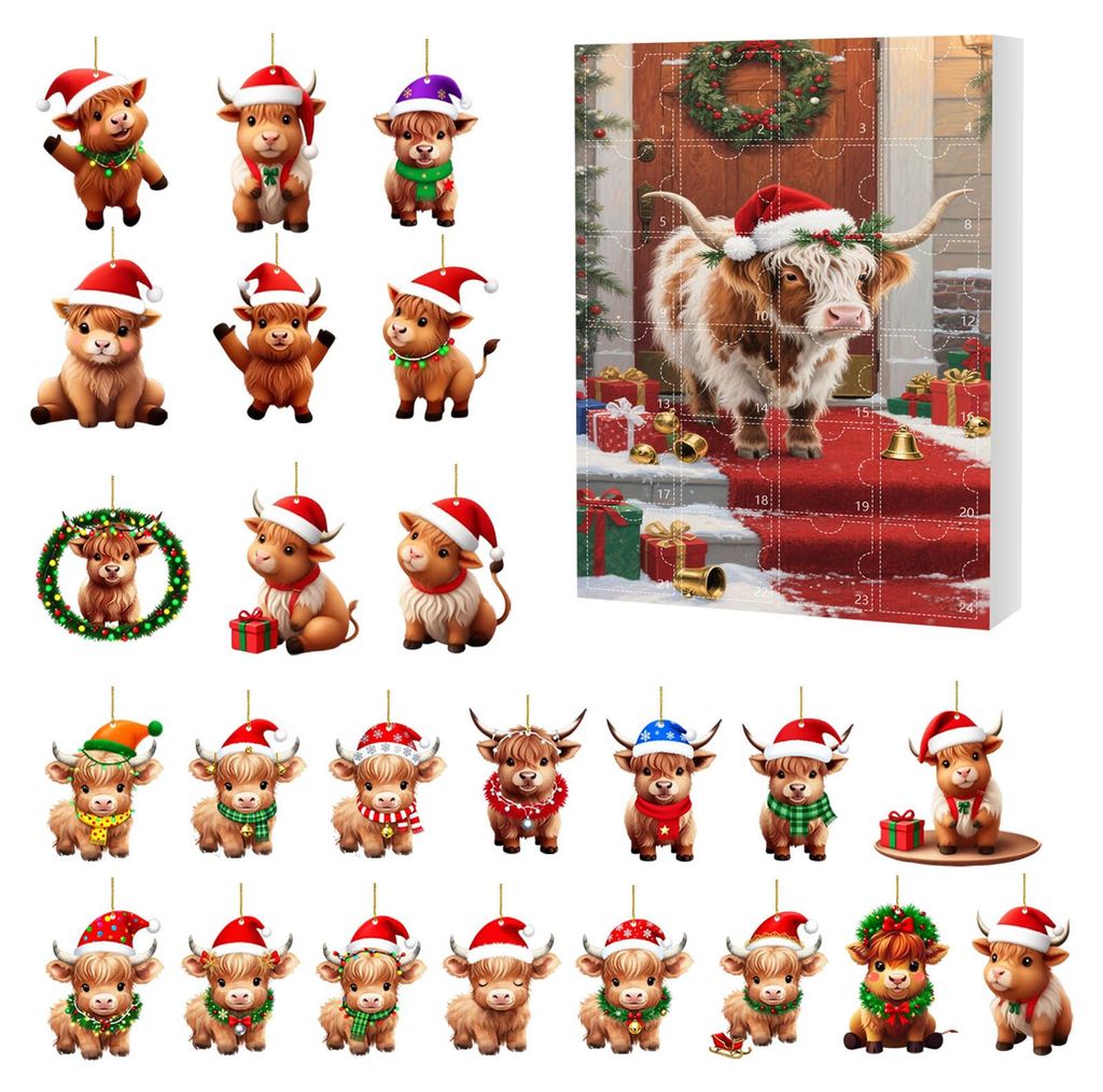 Adventskalender mit schottischem Hochlandrind, 24 Tage, lustiger Countdown, 2D-Design, Weihnachtsdekoration zum Aufhängen