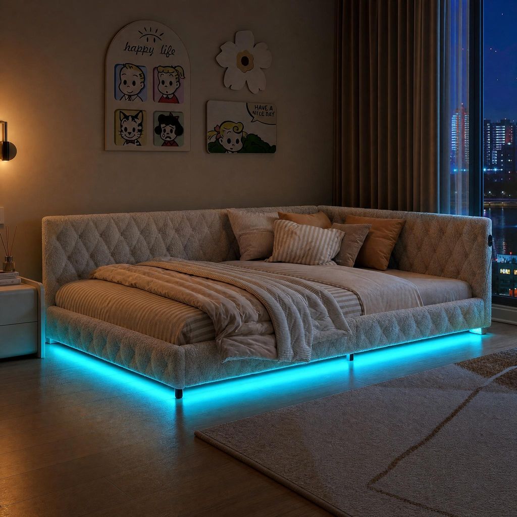 Cama tapizada UnboxG de 140x200 cm con iluminación LED y Imagen del producto 