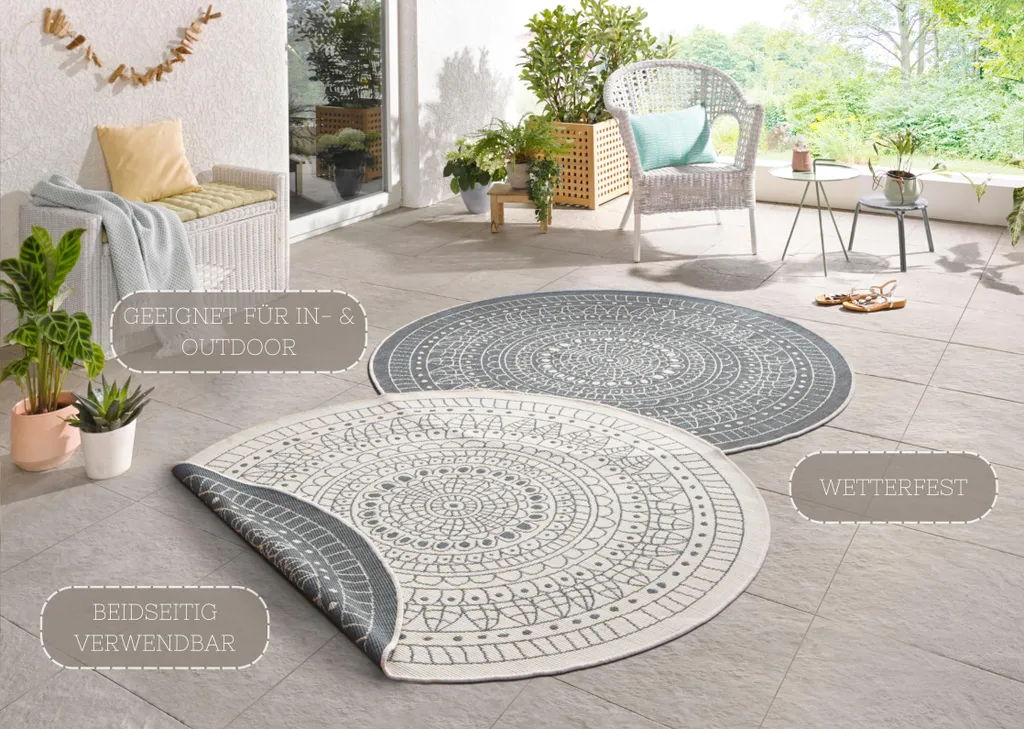 Tapis de Jardin Rond 200 cm Double Face Crème et Gris pour Terrasse - 3