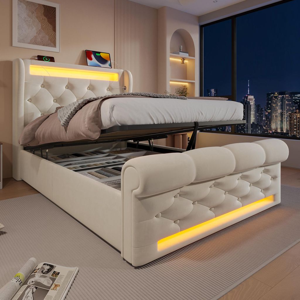 A bedroom scene at night with a bed and a city view.