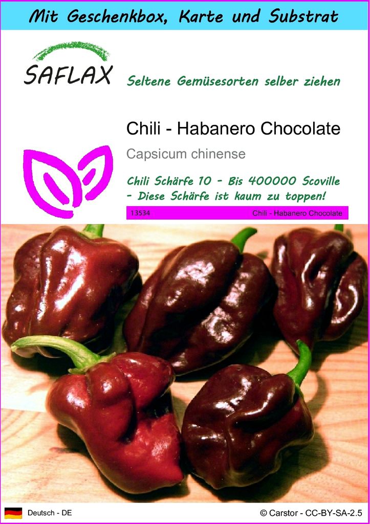 SAFLAX - Geschenk Set - Chili - Habanero Chocolate - 10 Samen - Mit Geschenk- / Versandbox, Versandaufkleber, Geschenkkarte und Anzuchtsubstrat - C...