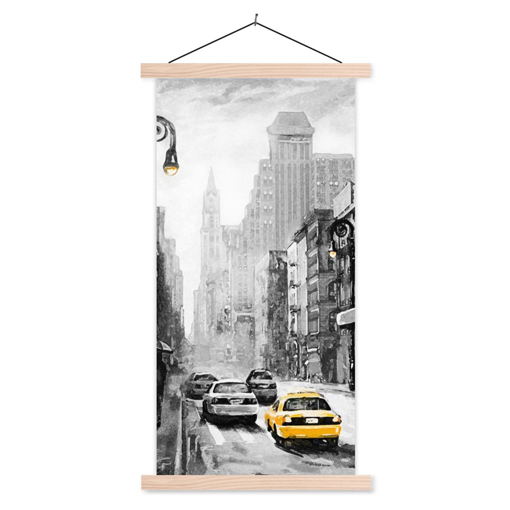 MuchoWow Textilposter Gemälde - Ölfarbe - Stadt - Auto 60x120 cm mit holzfarbenen Rahmen - Holz