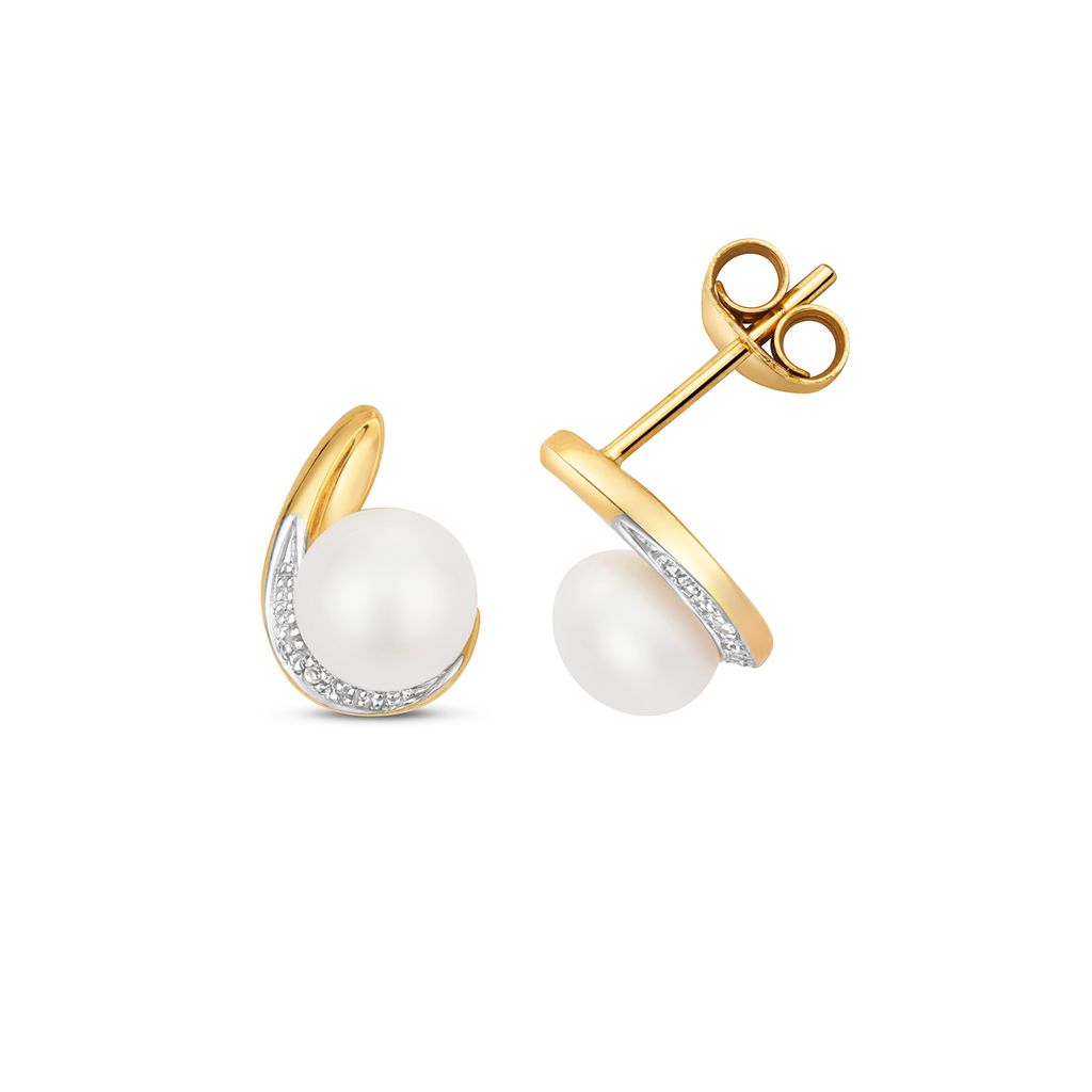 Elegante 9 Karat (375) Gold Damen - Diamant Paar Ohrstecker Brillant-Schliff H - PK mit Süßwasser-Zuchtperle - 10mm*7mm; TRS35359